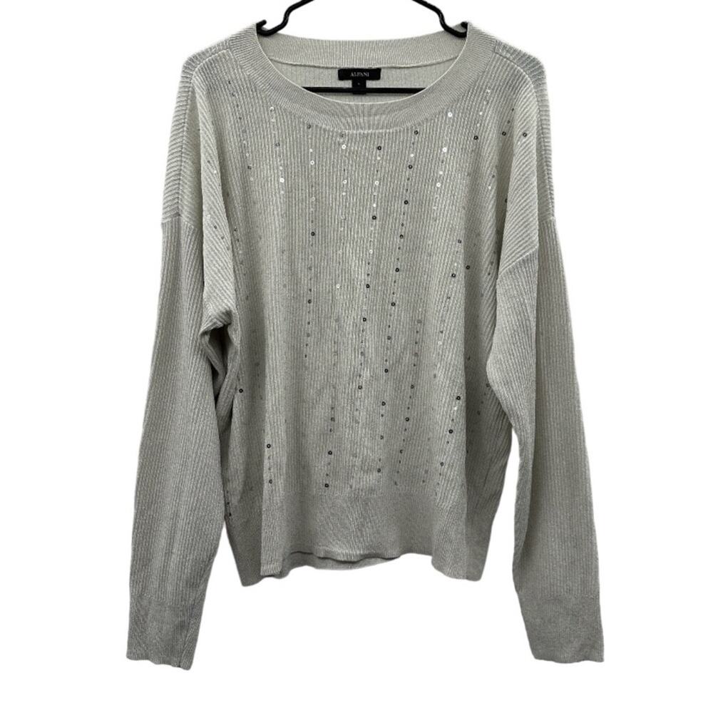 Alfani Gray Silver Sequin Knit Ribbed Long Sleeve Pullover Sweater Size L